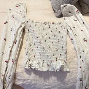 Reformation Cream Floral Smocked Blouse